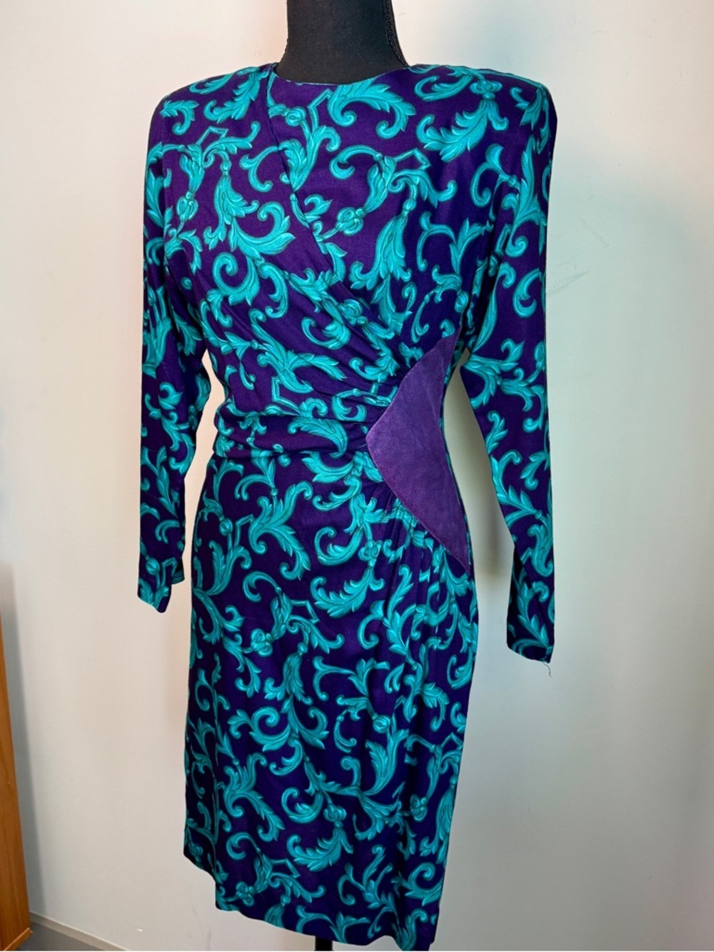 Patty O’Neil VTG 80s Purple Teal Baroque Print Rayon Dress w/ Suede Trim | Sz 6 - Picture 3 of 12